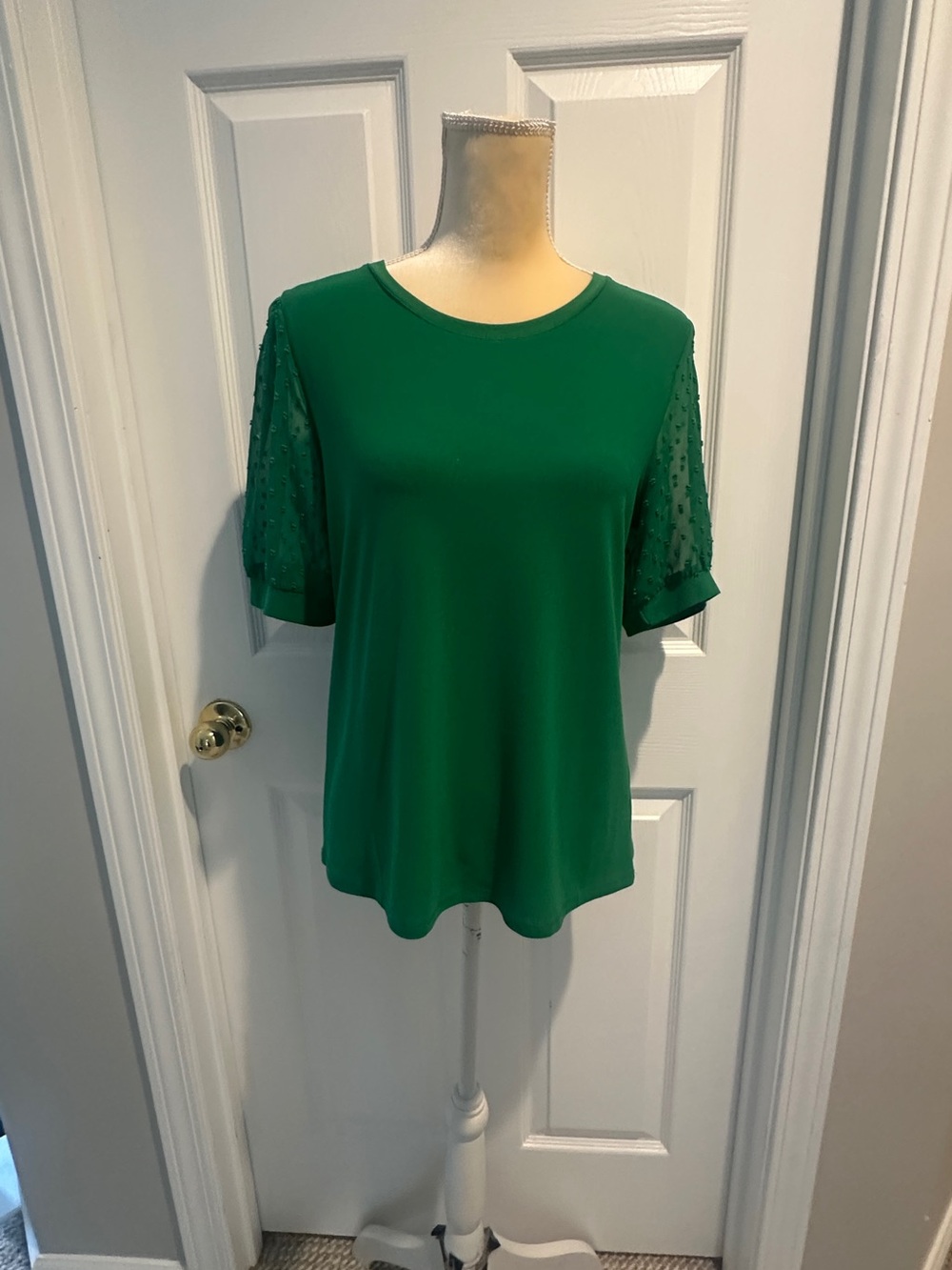Green Women’s Short Sleeve Top with Swiss Dot Sleeves